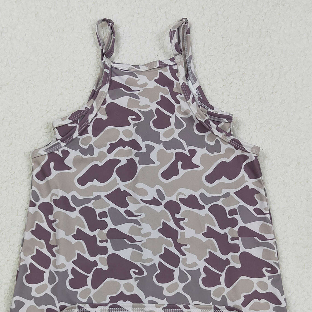 RTS NO MOQ （In stock）GSD2719 Baby Girls Yoga Dress Gray Camo Knee-Length Dress with Pockets Strap Yoga Dress for Girls