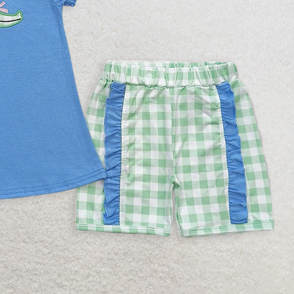 GSSO0850RTS NO MOQ Baby Girls Summer Outfits  Embroidered bow crocodile blue short-sleeved green plaid shorts suit