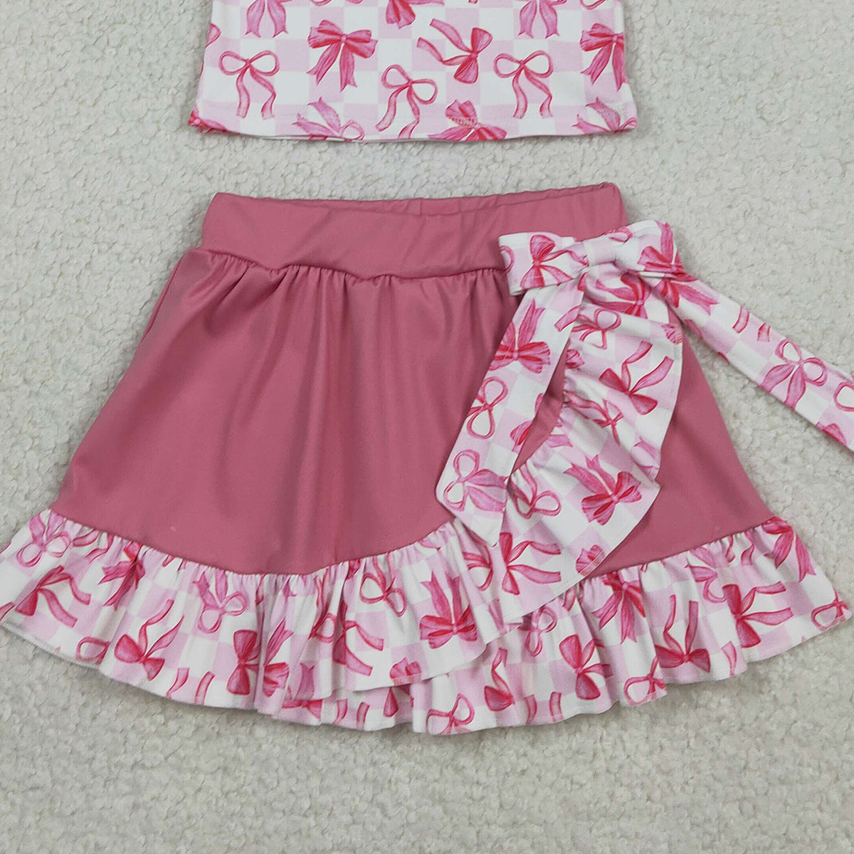 1.24 RTS NO MOQ （In stock）GSD3480 Baby Girls Bows Checked Button Top Ruffle Skirt Shorts Yoga Active Clothes Sets