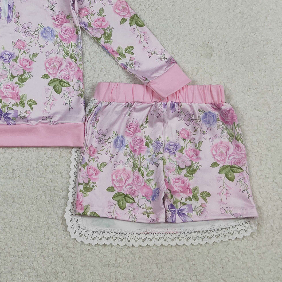 1.22 RTS NO MOQ （In stock）GLD1572 Baby Girls Flowers Zipper Collar Top Ruffle Skirt Shorts Clothes Sets