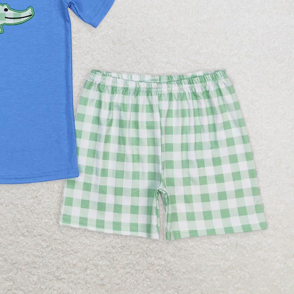BSSO0736 RTS NO MOQ Baby Boys Summer Boys Outfits Baby Girls Crocodile Shirt Green Checkered Sibling Shorts Clothes Sets