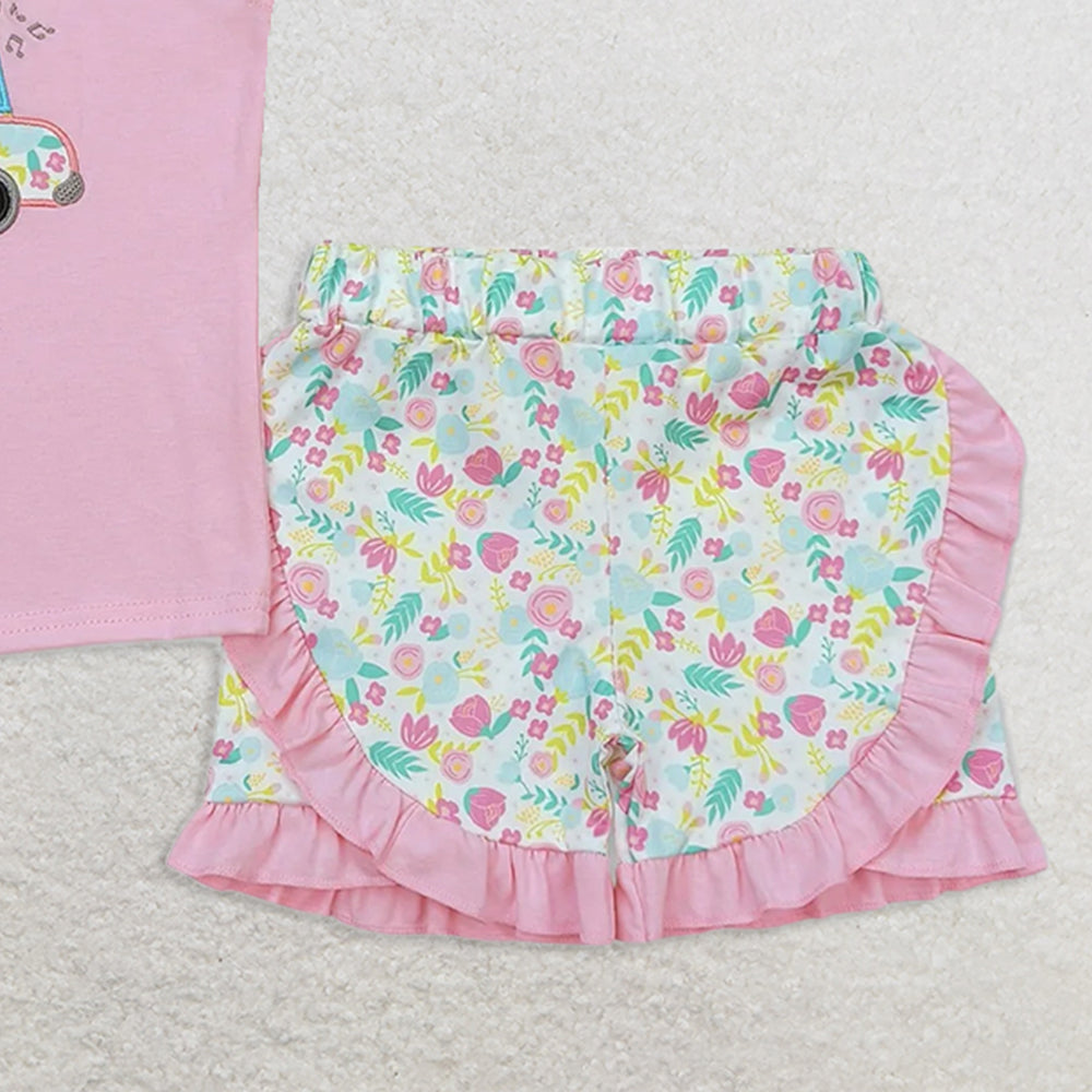 GSSO0644 RTS NO MOQ Baby Girls Summer Outfits Embroidered ice cream cart pink flying sleeves floral shorts set