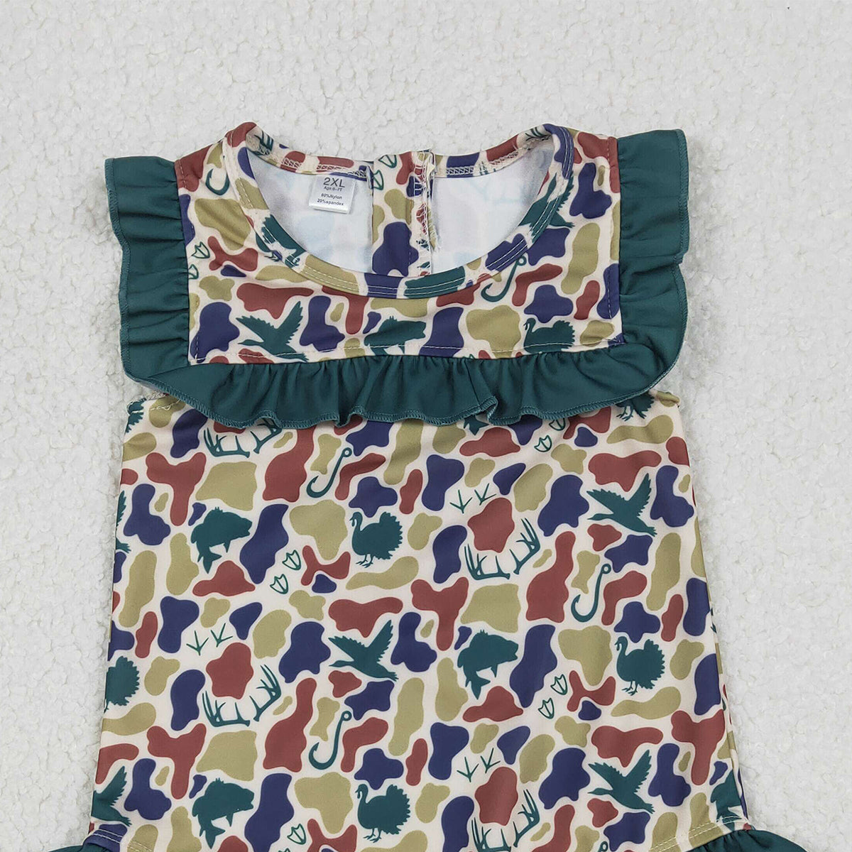 1.9 RTS NO MOQ （In stock）S0598 Baby Girls Dark Green Ducks Deer Camo Ruffle Swimsuits