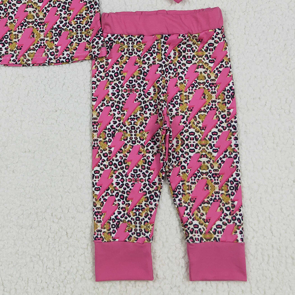 8.15 GLP2393 RTS NO MOQ Baby Girls Winter Outfits Baby Girls Long Sleeves Pink Lightning Leopard Top Pant Pajamas Set