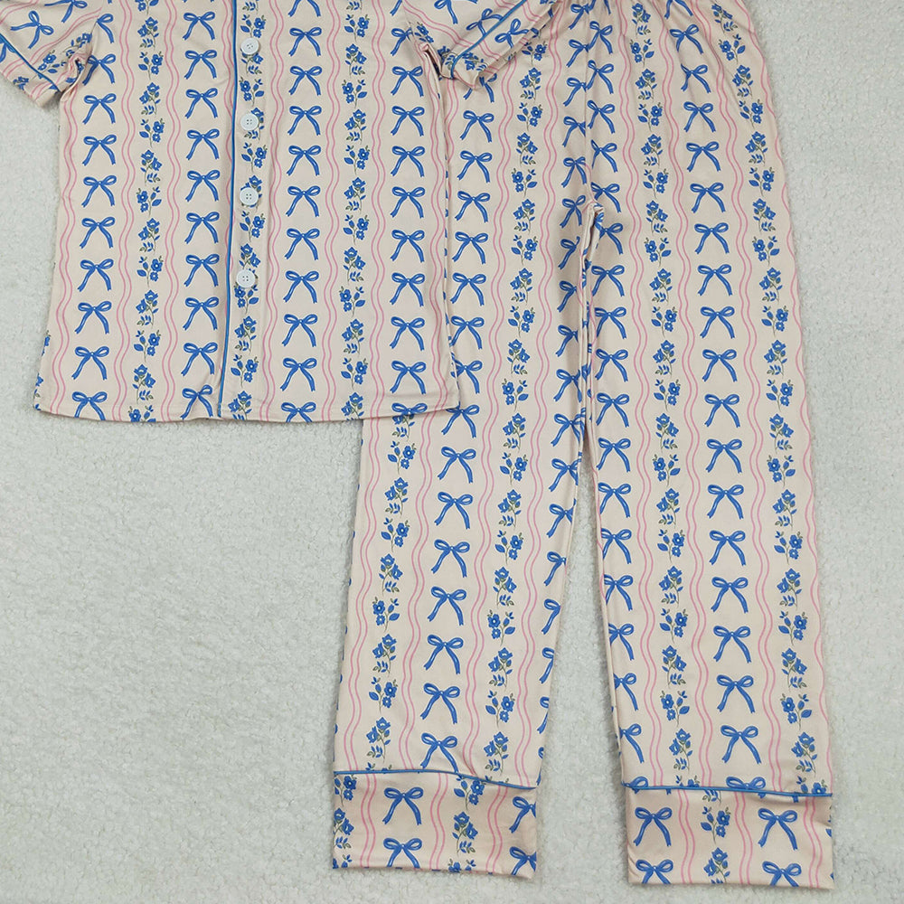 RTS NO MOQ （In stock）GSPO2051 Adult women's pajamas set Adult Women Blue Bows Flowers Stripe Button Top Pant Pajamas Set