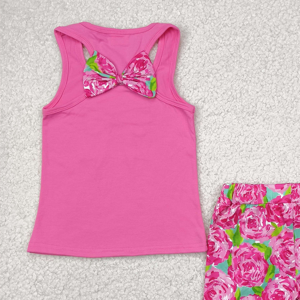 7.15 GSSO1605 RTS NO MOQ Baby Girls Summer Outfits Embroidered flower leaf bow rose red vest shorts set