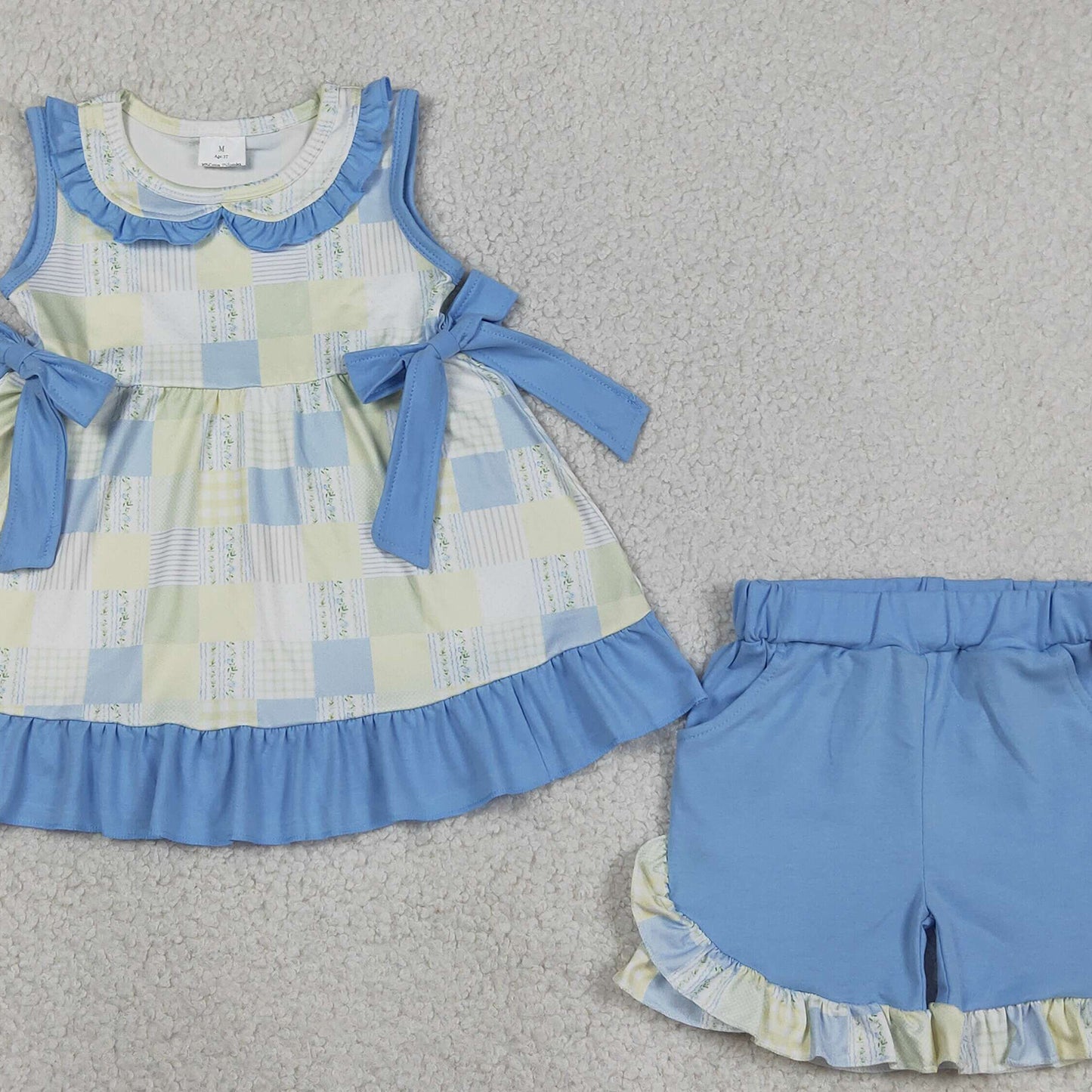 GSSO3439 RTS NO MOQ （In stock ）Sleeveless bow patchwork plaid tunic shorts girls outfits