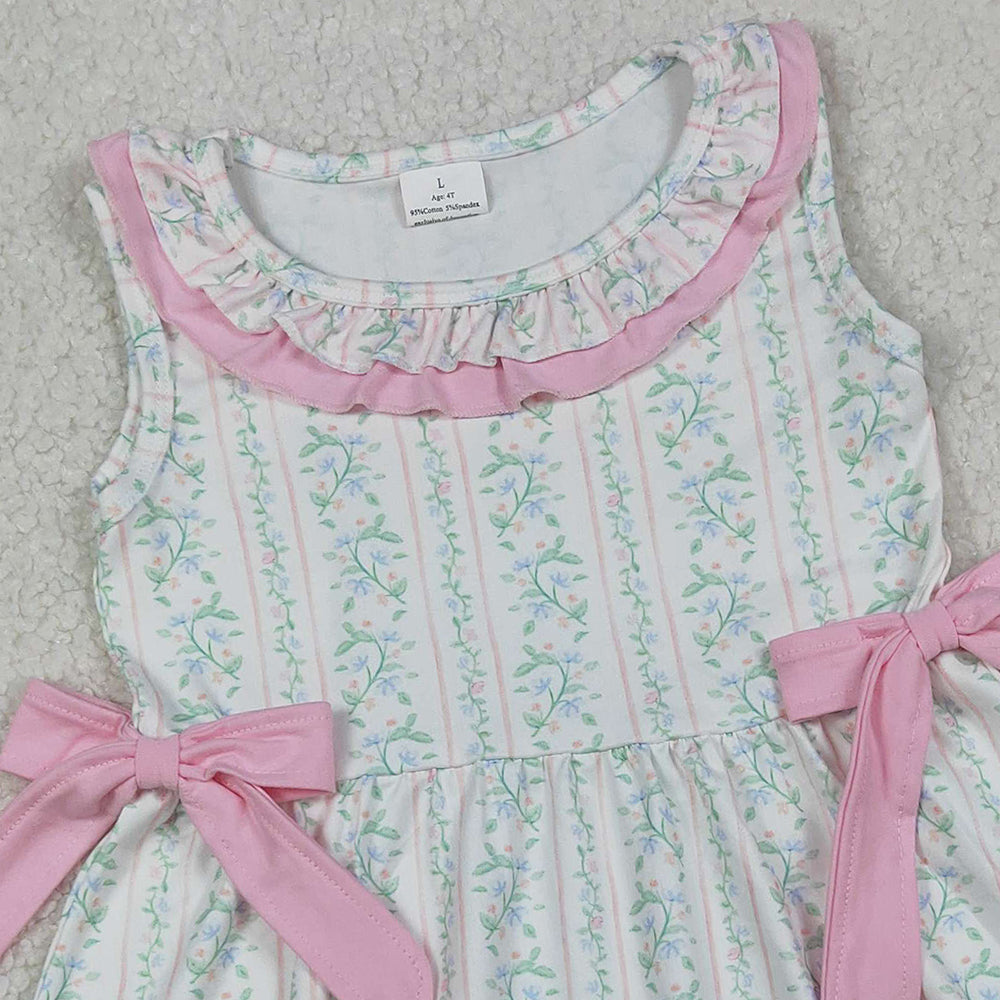 RTS NO MOQ （In stock）GSD2678  Baby Girls Summer Dress Pink Floral Stripe Bows Knee Length Dresses