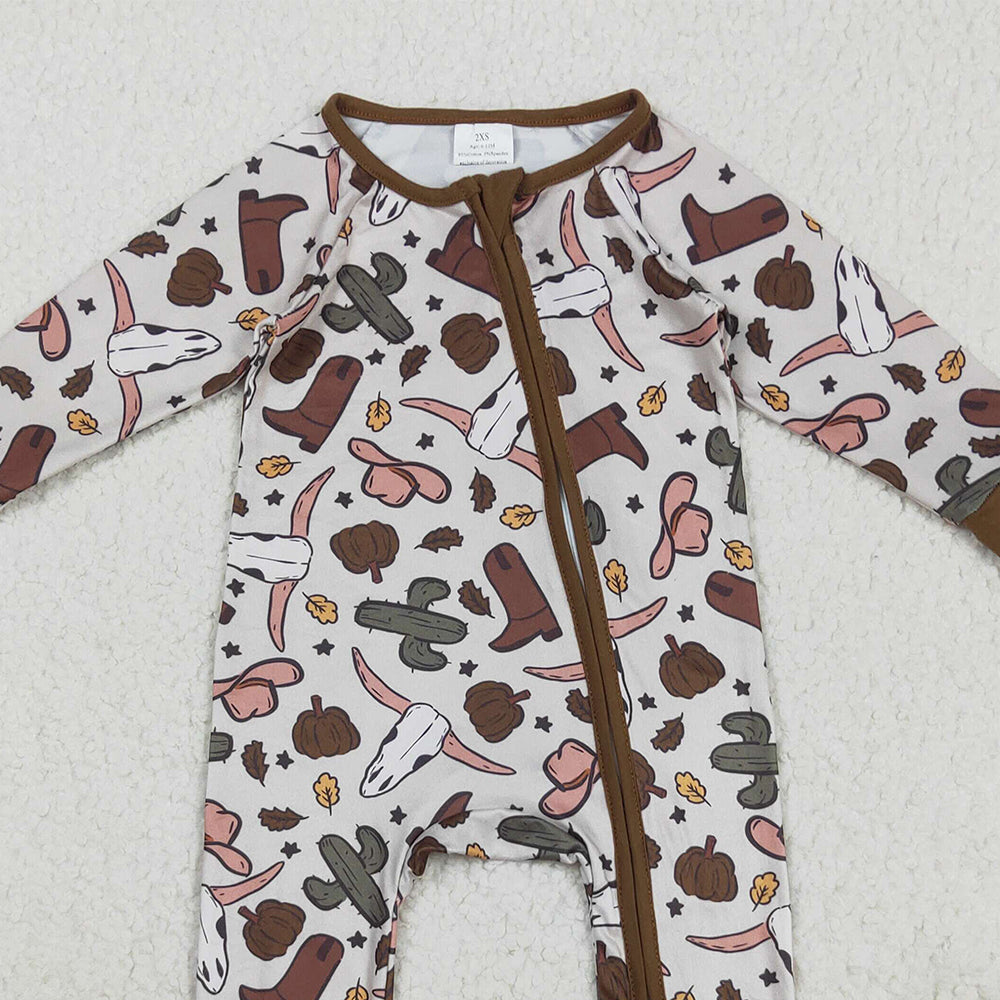 RTS NO MOQ （In stock）LR2334 Baby Boys Winter Rompers Baby Boys Western Brown Long Sleeves Bull Skull Cactus Zipper Rompers