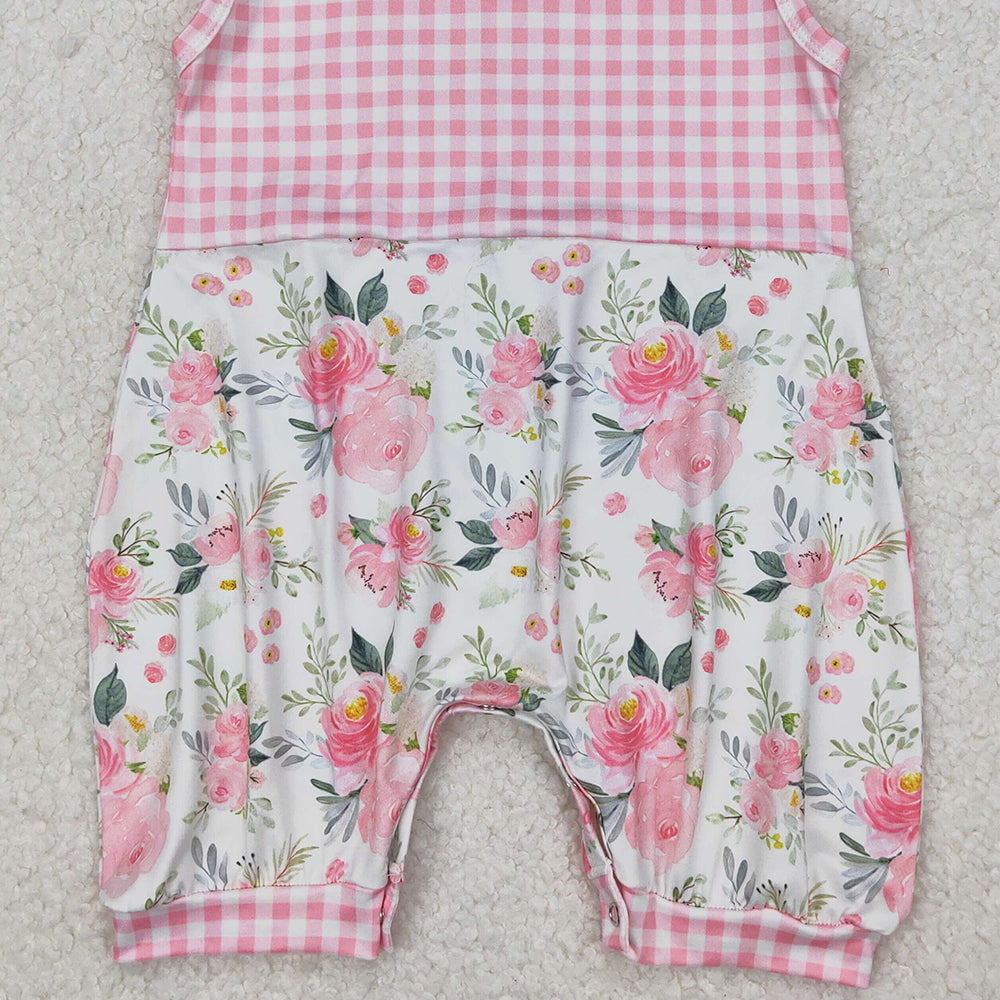 4.30 SR2678 RTS NO MOQ Sleeveless pink plaid floral baby girls summer romper