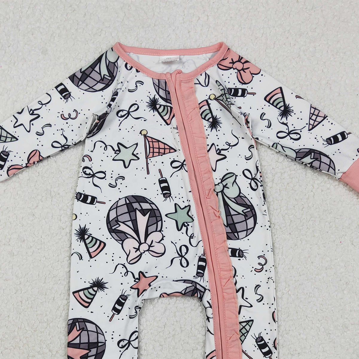 10.22 RTS NO MOQ （In stock）LR2571 Baby Girls Winter Rompers Baby Girls Happy New Year Ruffle Zipper Footie Rompers
