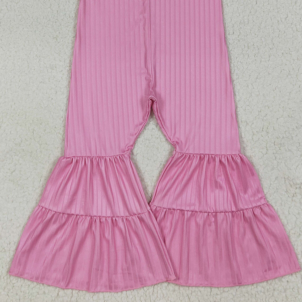 RTS NO MOQ （In stock）SR3156 Baby Girls Summer Jumpsuits Baby Girls Pink Strap Bell Bottom Ribbed Jumpsuits