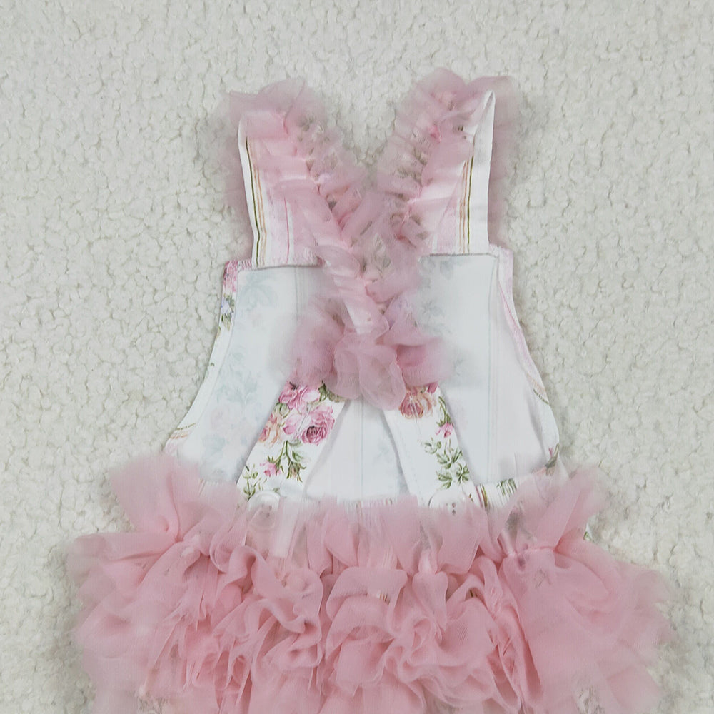 RTS NO MOQ （In stock）SR2964 Baby Girls Summer Rompers Baby Infant Girls Pink Tulle Strap Floral Stripe Ruffle Rompers