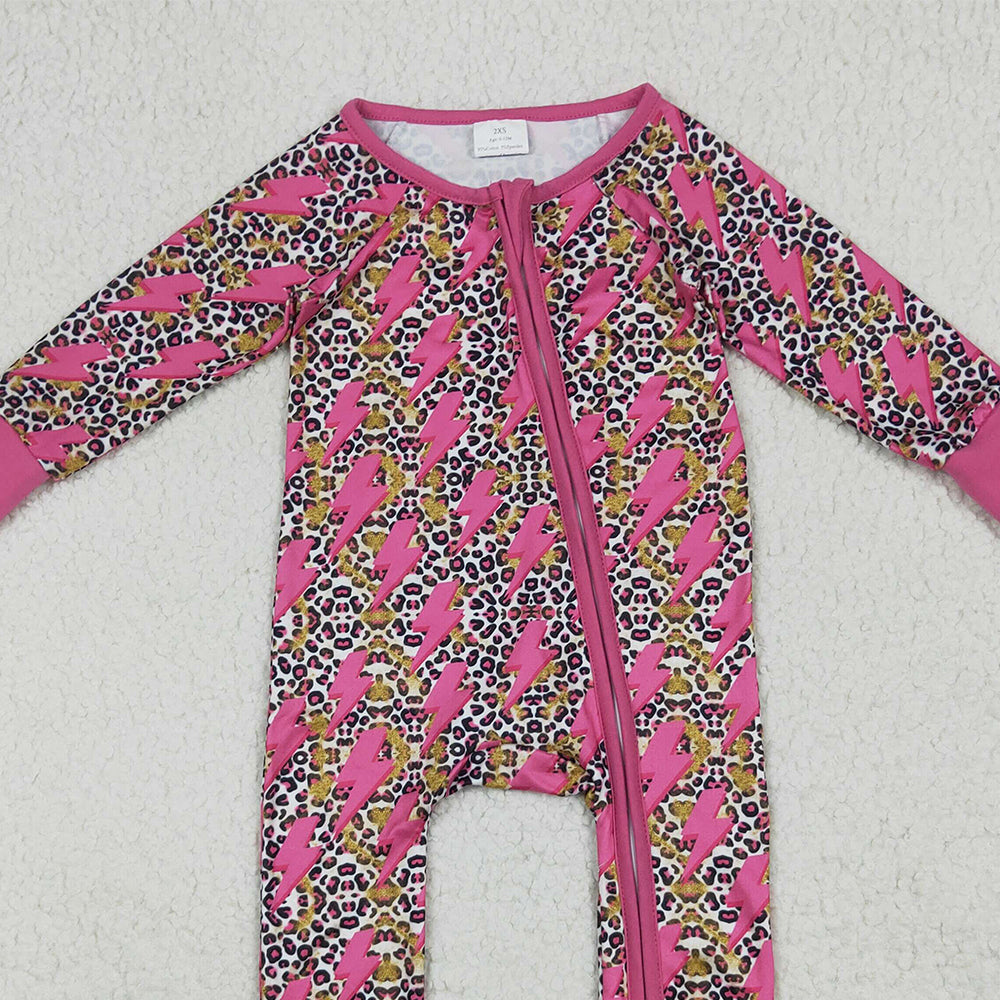 RTS NO MOQ （In stock） LR2250 Baby Girls Winter Rompers Baby Girls Western Pink Lightning Leopard Zipper Rompers