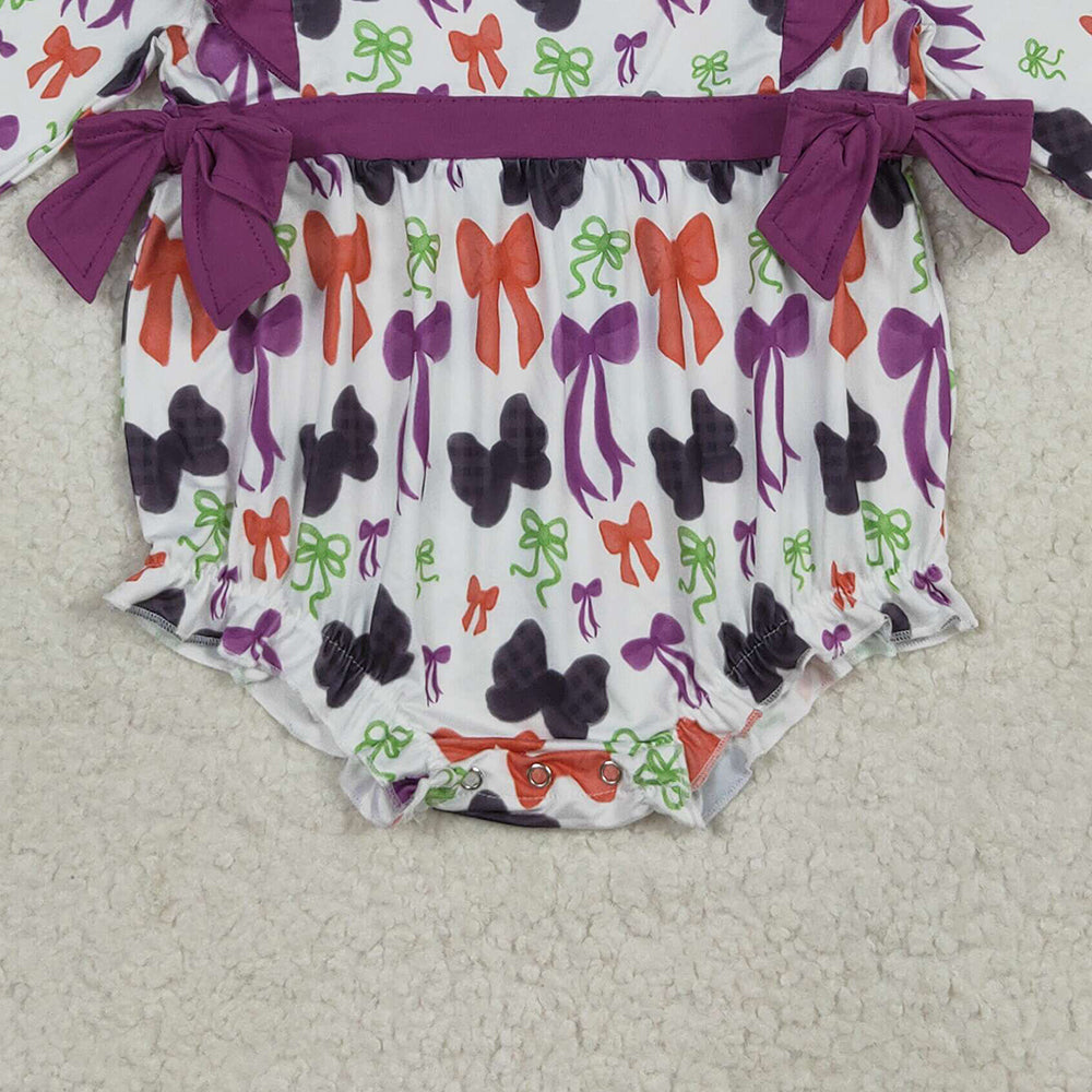 RTS NO MOQ （In stock）LR2285 Baby Girls Winter Rompers Baby Girls Halloween Colorful Purple Bows Ruffle Rompers