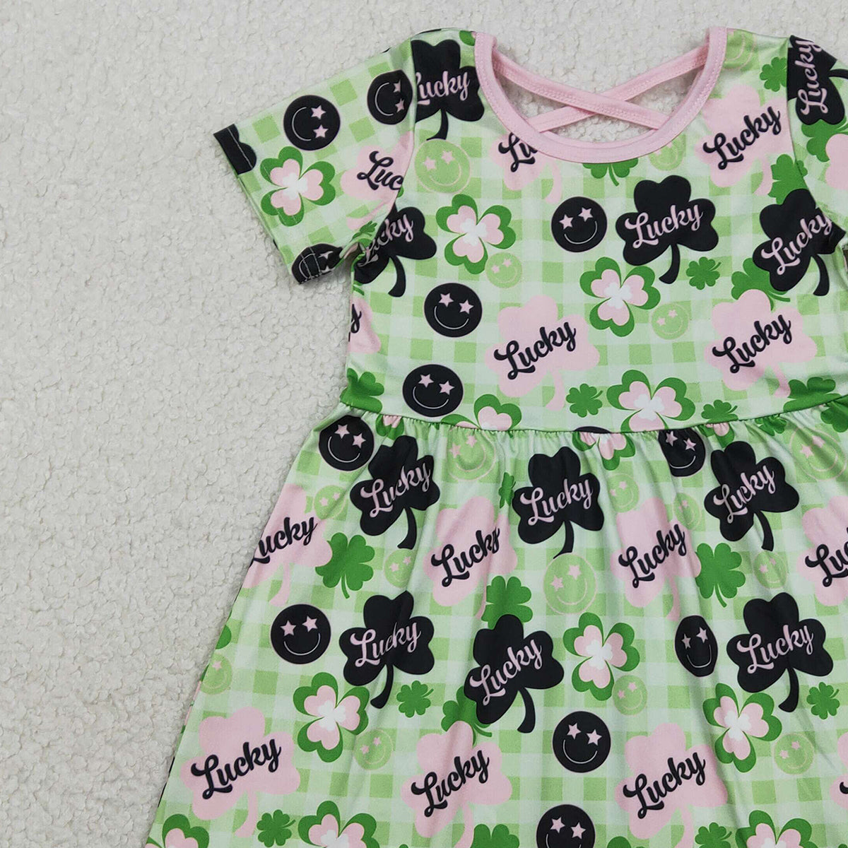 1.31 RTS NO MOQ （In stock）GSD2840 Baby Girls Green Checked Clovers Lucky St Patrick Knee Length Dresses
