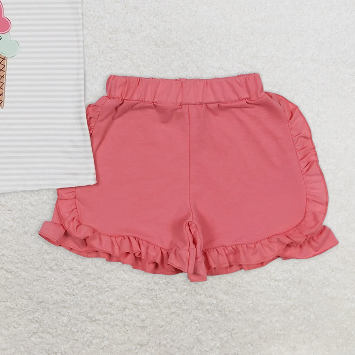 6.21 GSSO0579 RTS NO MOQ Baby Girls Summer Outfits Ice cream striped short-sleeved rose red shorts suit