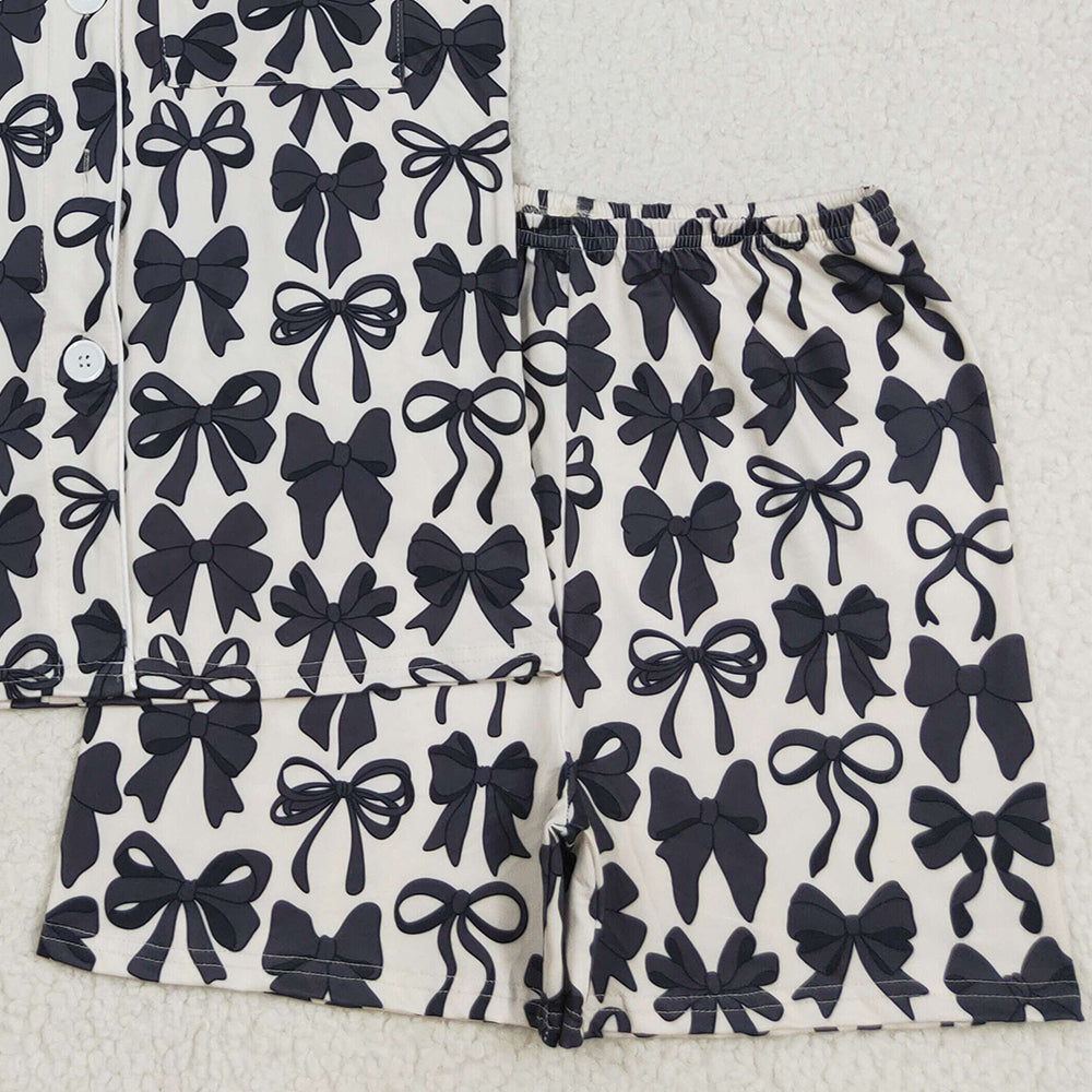 8.15 RTS NO MOQ （In stock）GSSO2664 Adult women's pajamas set Adult Women Short Sleeves Black Bows Button Pocket Top Short Pajamas Sets