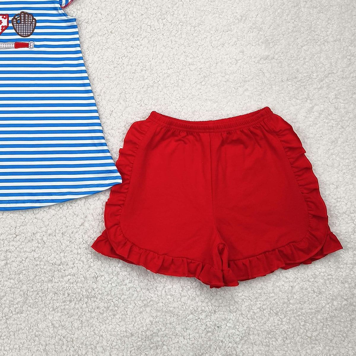 GSSO2348 RTS NO MOQ Baby Girls Summer Outfits  Blue stripe baseball top red ruffle shorts girls clothes