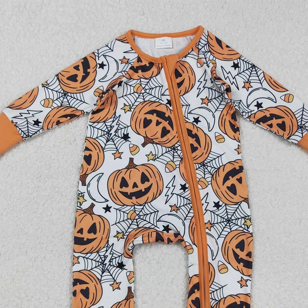 RTS NO MOQ （In stock）LR2528 Baby Boys Winter Rompers Spider Web Pumpkins Halloween Zipper Footie Rompers