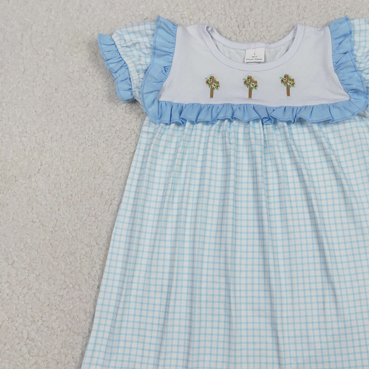 12.12 RTS NO MOQ （In stock）GSD2851 Embroidery Crosses Baby Girls Blue Checked Easter Knee Length Dresses