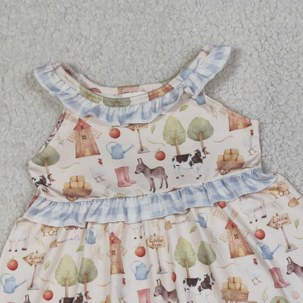 4.7 GSSO3077 RTS NO MOQ （In stock ）Baby Girls Sleeveless Pigs Cows Tunic Ruffle Checked Shorts Farm Clothes Sets