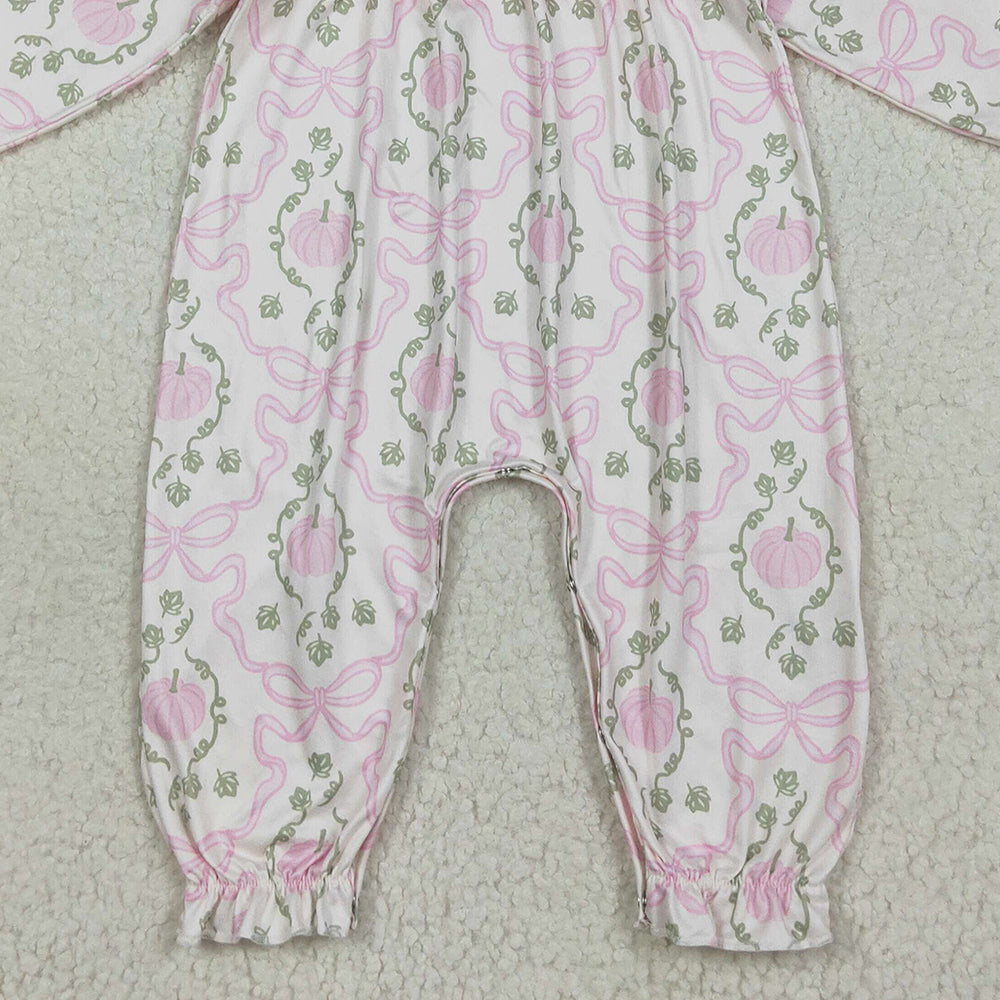 RTS NO MOQ （In stock）LR2255 Baby Girls Winter Rompers Baby Girls Long Ruffle Sleeves Pink Pumpkins Bows Plaid Pant Rompers