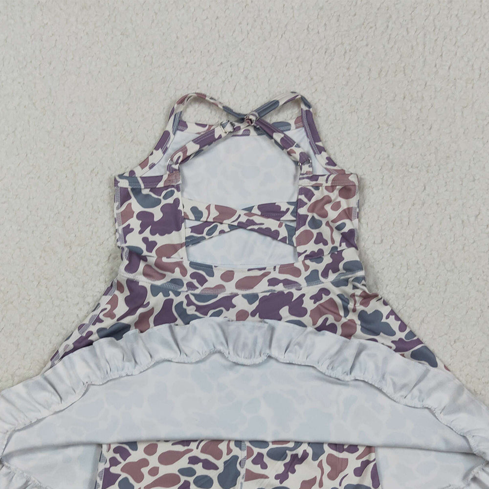 6.16  GSD2310 RTS NO MOQ Baby Girls Summer Yoga Dress Baby Girls Strap Lavender Camo Yoga Ruffle Knee Length Dresses