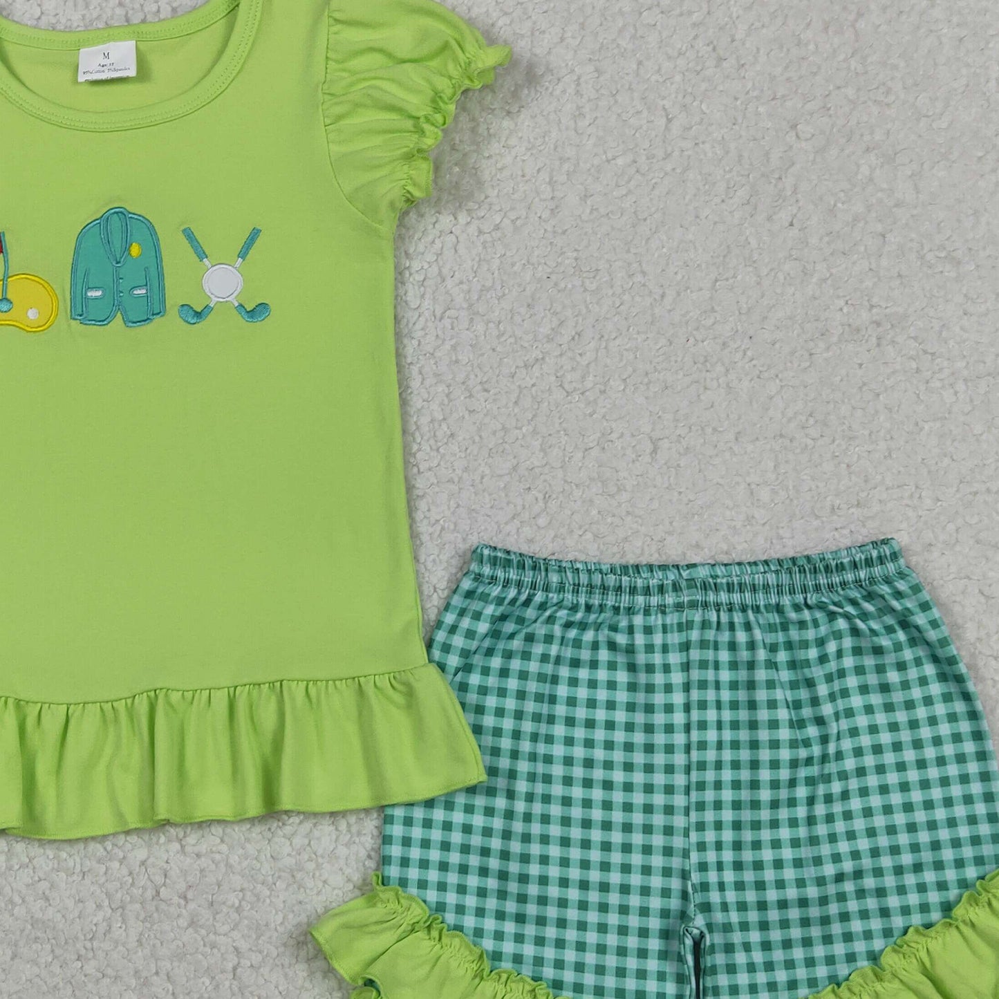 GSSO3033 RTS NO MOQ （In stock ）Short sleeves golf ruffle top plaid shorts girls outfits