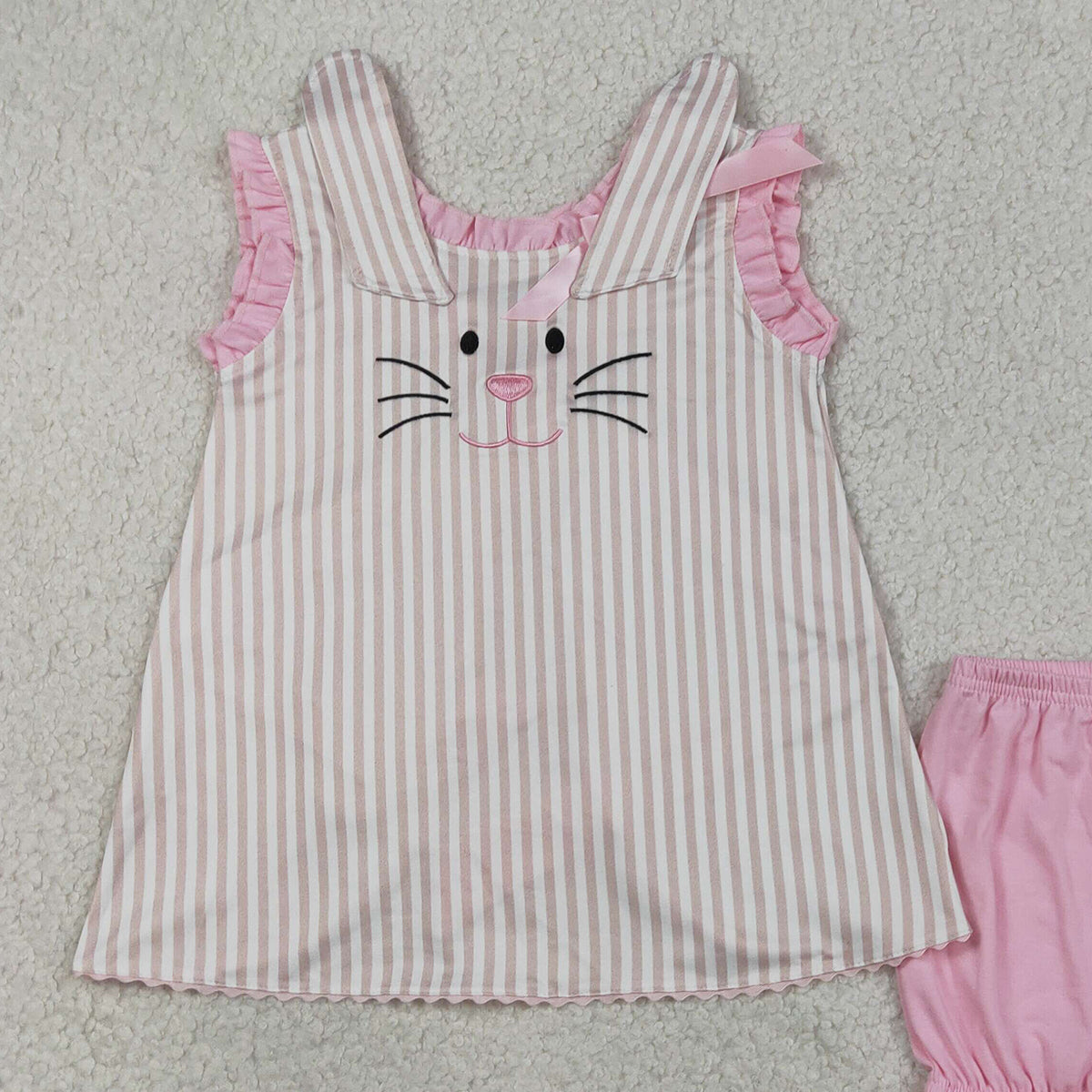3.27 RTS NO MOQ （In stock）GSSO2924 Kids Clothing for Baby Girls Sleeveless Embroidery Rabbits Back Bows Stripe Tunic Ruffle Shorts Easter Sets