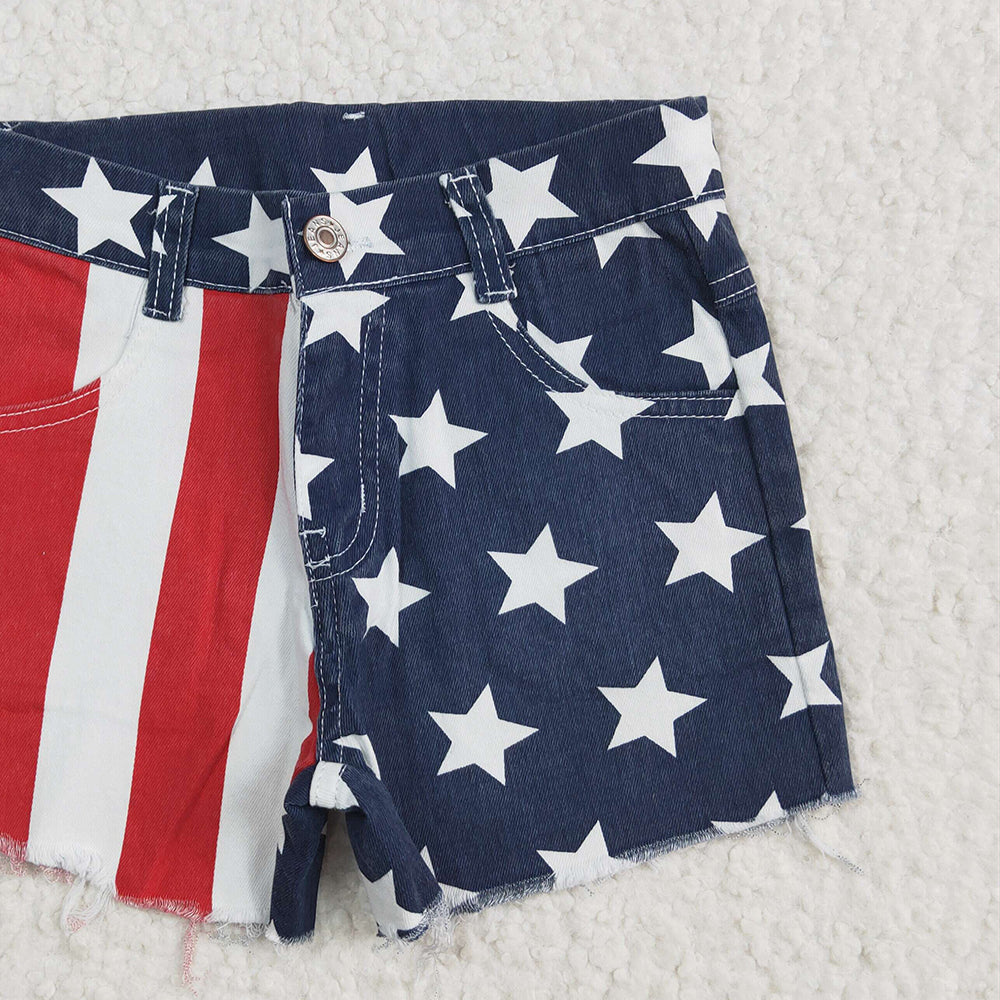 SS0168 RTS NO MOQ  Baby Girls Denim Pants Baby Girls 4th Of July Stripes Stars Denim Shorts