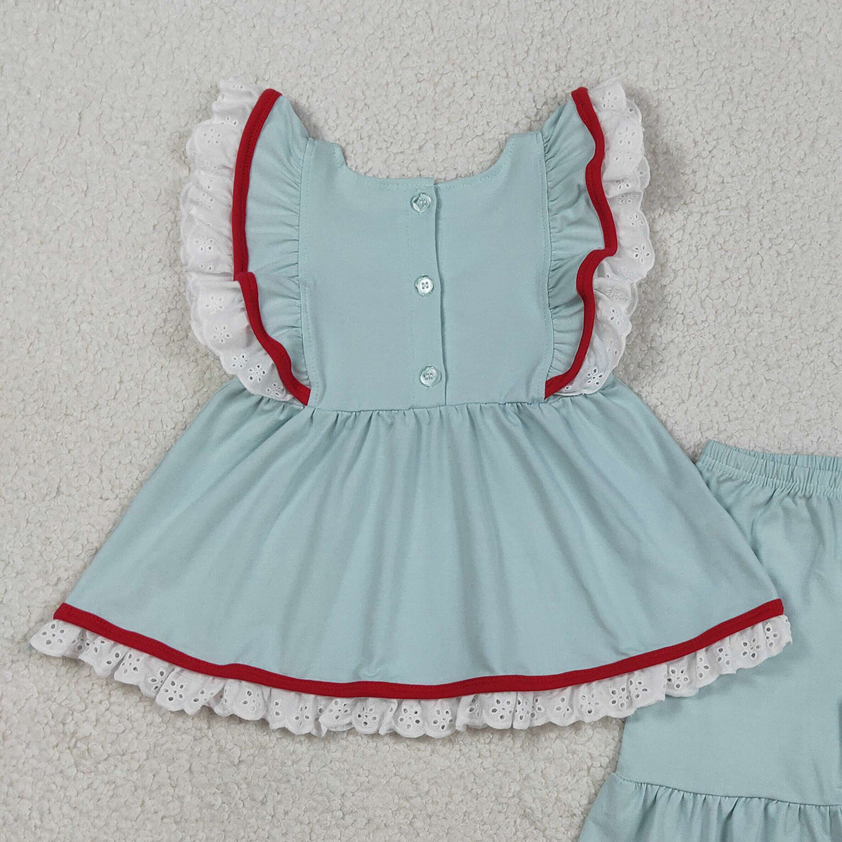 3.18 RTS NO MOQ （In stock）GSSO2926 Kids Clothing for Baby Girls Flutter Sleeve Embroidery Flags Tunic Ruffle Shorts 4th of July Clothes Sets