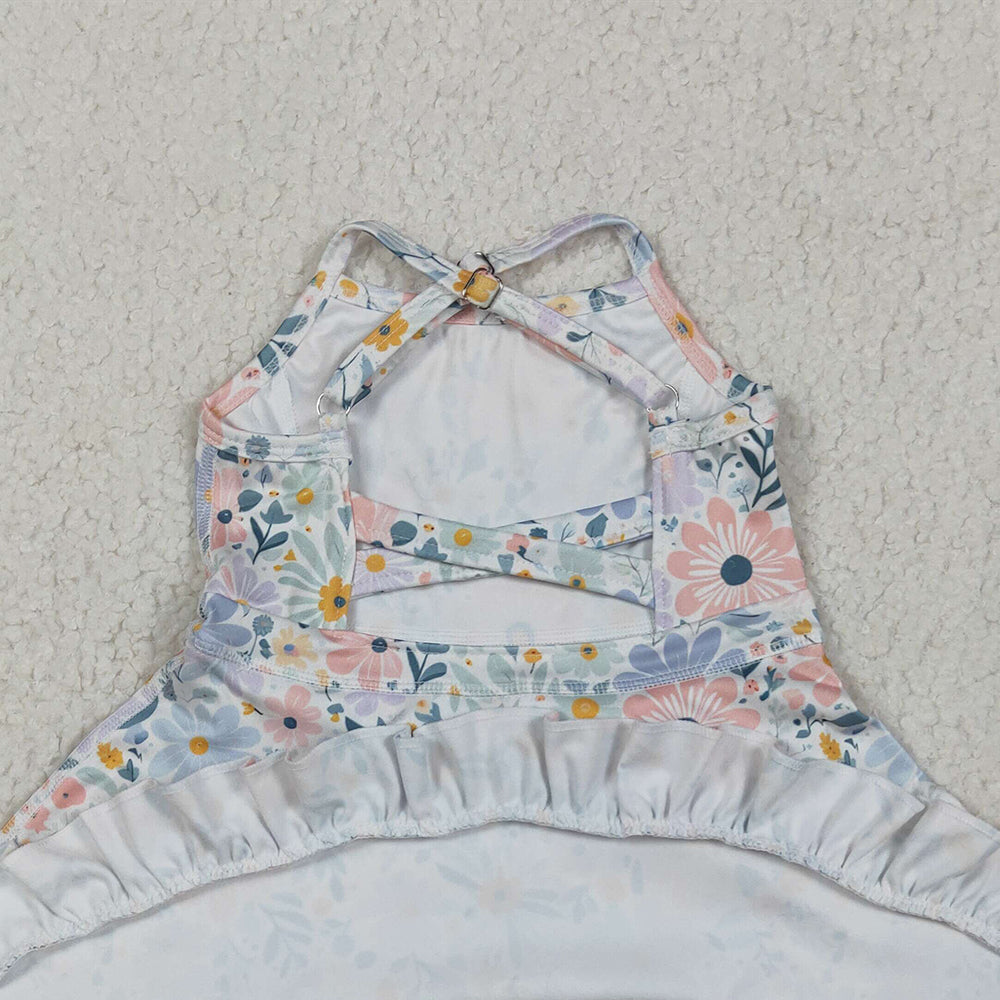 6.18 GSD2281RTS NO MOQ  Baby Girls Summer Yoga Dress Baby Girls Aqua Strap Floral Yoga Ruffle Knee Length Dresses