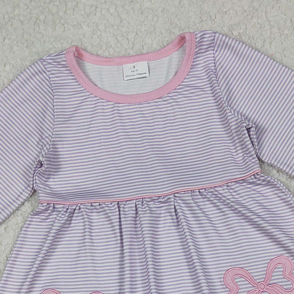 10.10 RTS NO MOQ （In stock）GLP2696 Baby Girls Winter Outfits Embroidery Baby Girls Lavender Stripe Bows Tunic Legging Pant Set