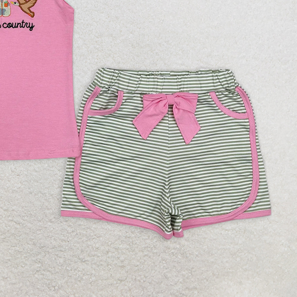 GSSO1614RTS NO MOQ Baby Girls Summer Outfits Baby Girls Embroidery God Country Hunting Shirt Bow Shorts Clothes Sets