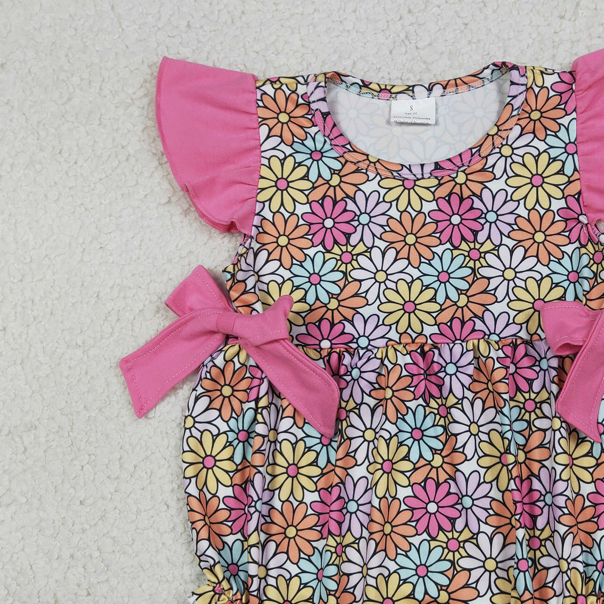 4.8 SR4049 RTS NO MOQ （In stock) Flutter sleeves floral bow baby girls summer romper