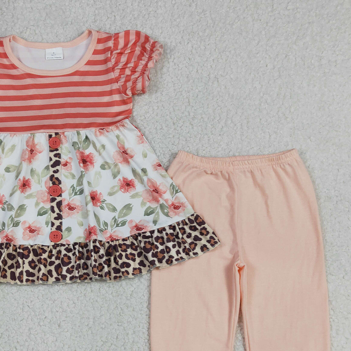4.15 GSPO1044 RTS NO MOQ （In stock ）Short sleeves floral leopard tunic ruffle pants girls clothing