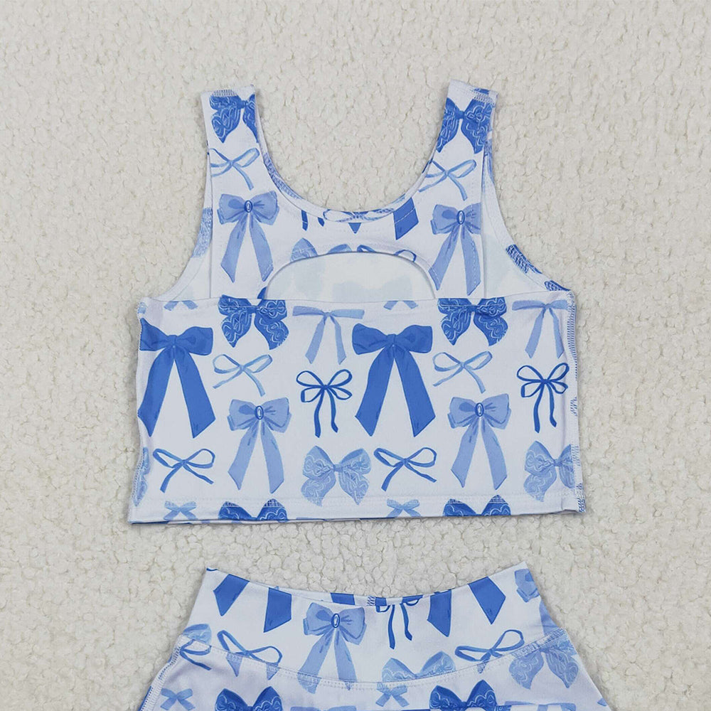 RTS NO MOQ （In stock）GSD2640 Baby Girls Yoga Outfits Baby Girls Sleeveless Blue Bows Vest Top Short Skirts Yoga Sets