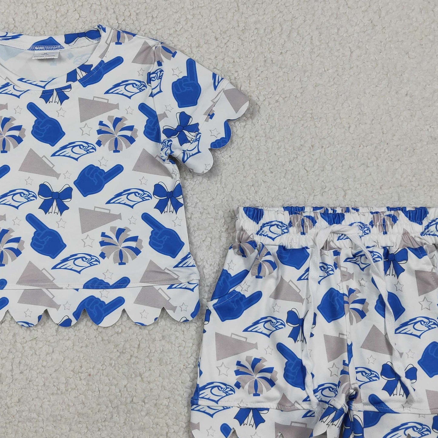 GSSO3408 RTS NO MOQ （In stock ）Short sleeves blue bow scallop top shorts girls team outfits
