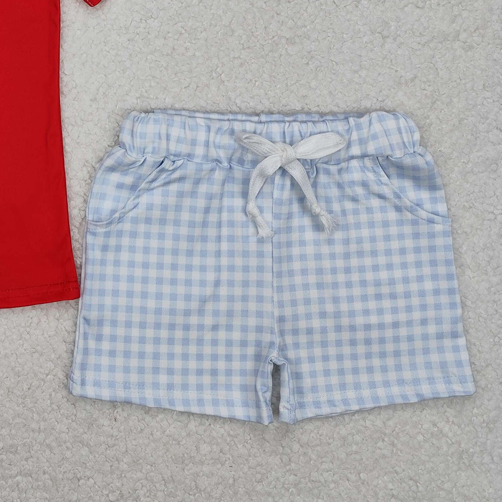 4.24 BSSO1248 RTS NO MOQ Red god is good baseball top plaid shorts boys clothes