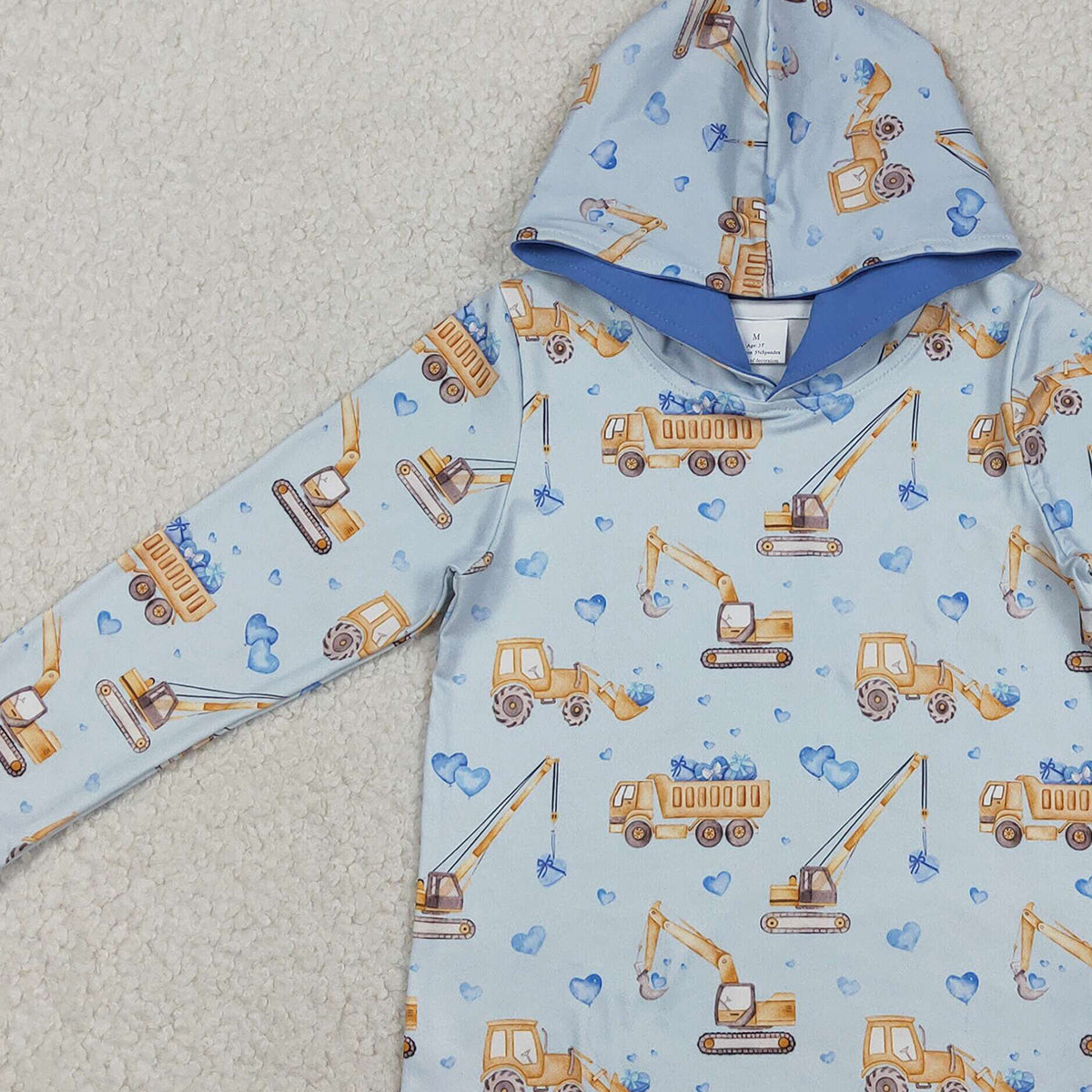 12.10 RTS NO MOQ （In stock）BT1509 Baby Boys Blue Hearts Excavators Valentines Hoodies Top