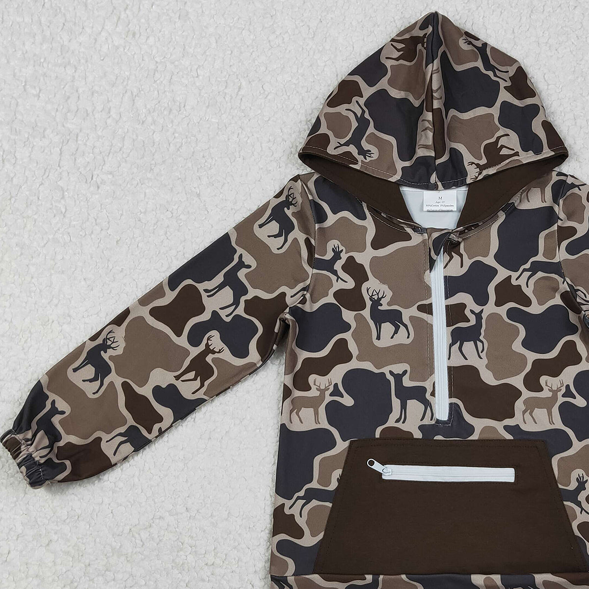 11.11 RTS NO MOQ （In stock）BT1348 Baby Boys Brown Deer Camo Pocket Zipper Hunting Hoodies Top