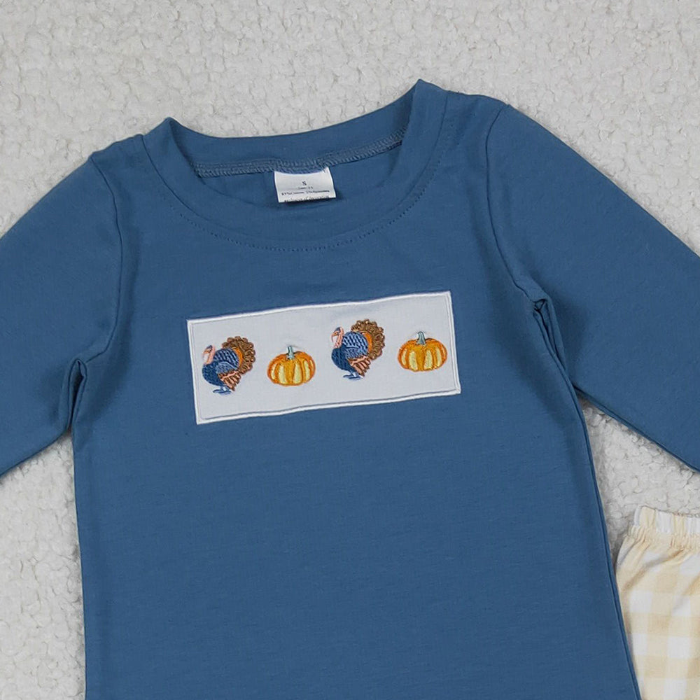 10.13 RTS NO MOQ （In stock）BLP1176 Baby Boys Winter Outfits Embroidery Turkey Pumpkins Baby Boys Plaid Pant Thanksgiving Clothes Set