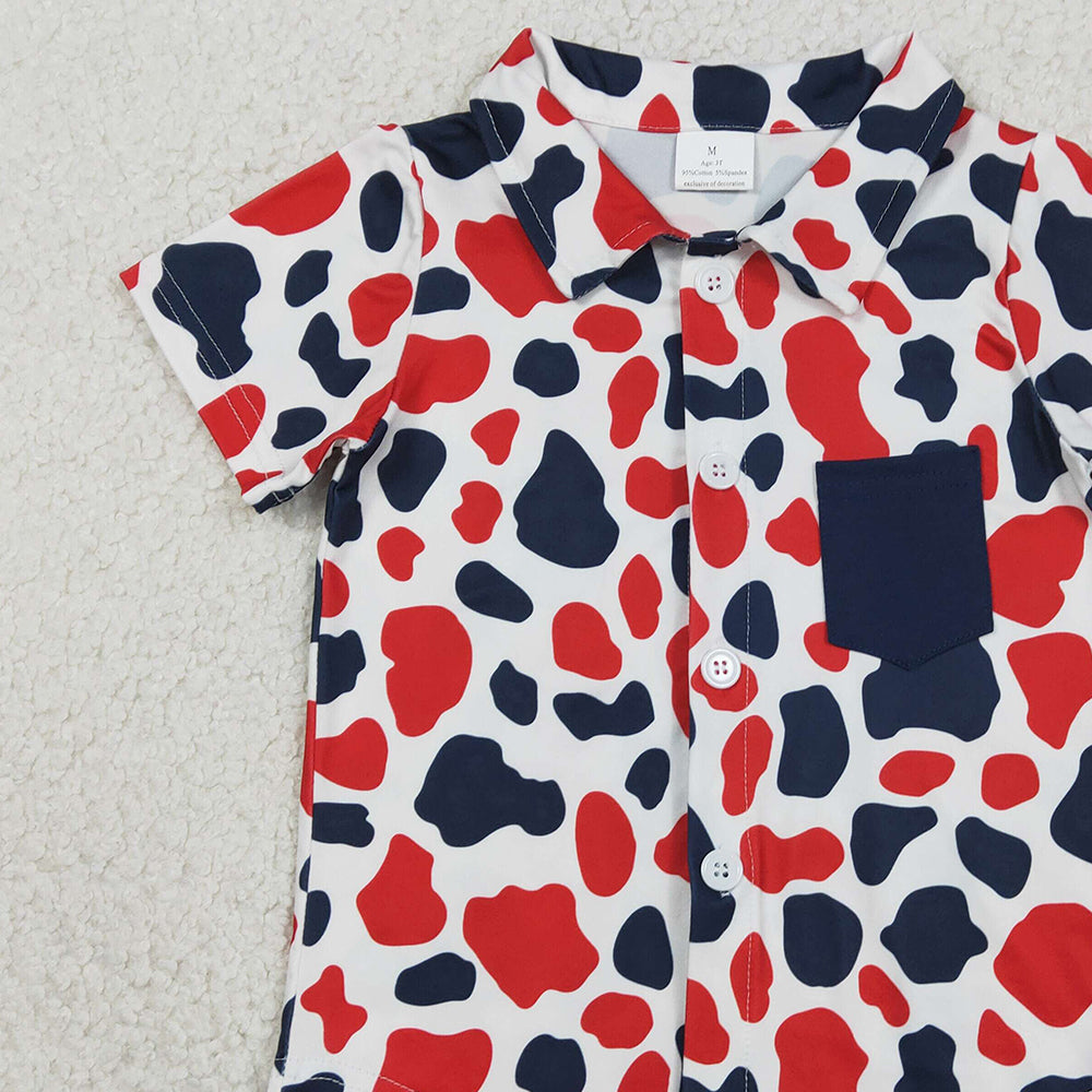 1.28 RTS NO MOQ （In stock）BT1656 Baby Boys Red Blue Cow Print 4th of July Button Pocket Shirts Top