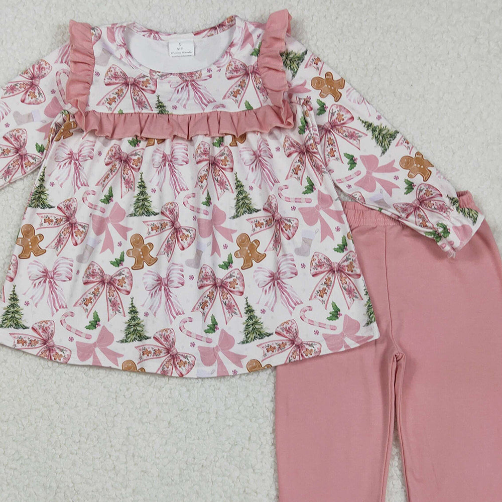 RTS NO MOQ （In stock）GLP2541 Baby Girls Winter Outfits Pink Bow Gingerbread Tunic Pants Set Christmas Theme Clothing for Kids