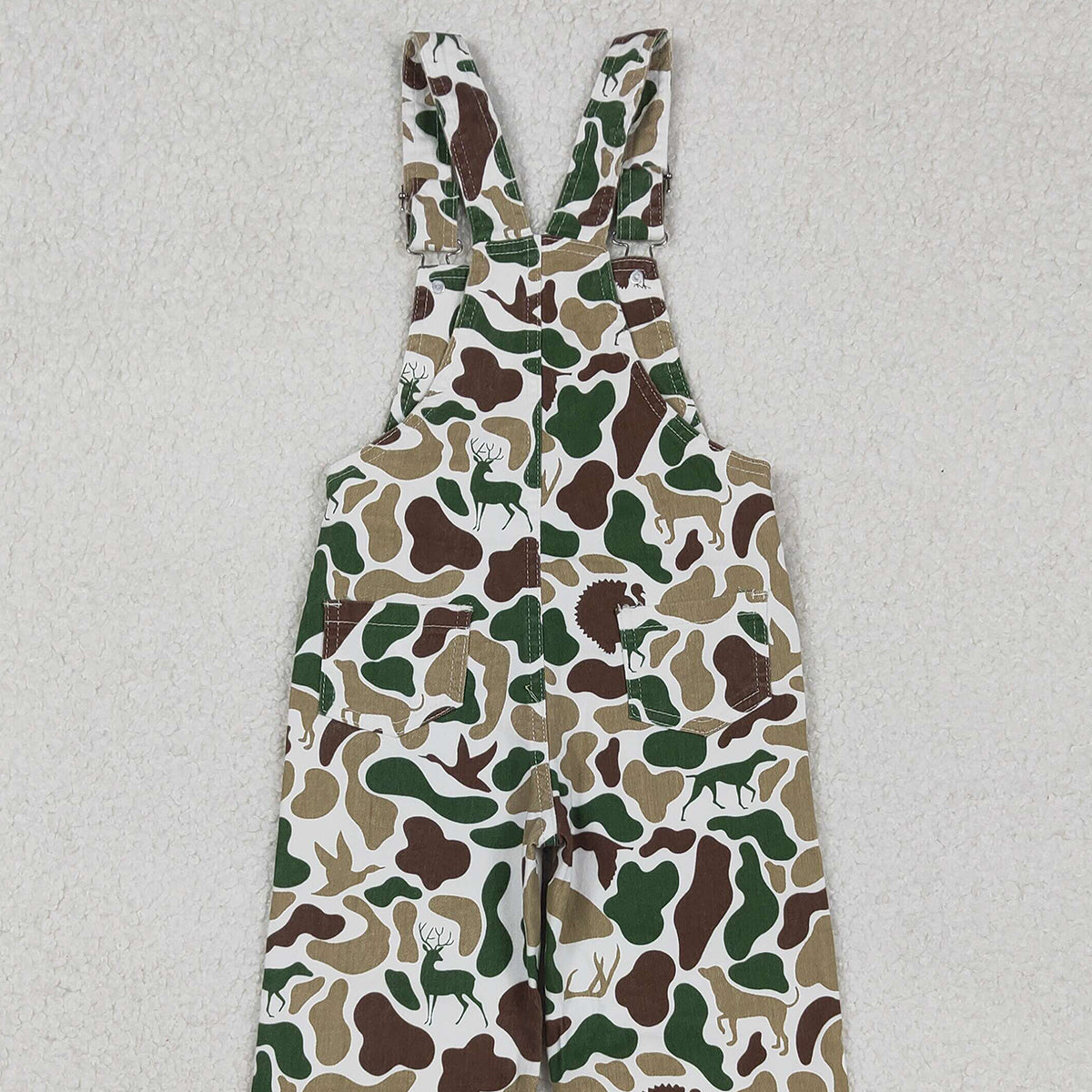 11.5 RTS NO MOQ （In stock）P0828 Baby Boys Deer Ducks Turkey Camo Hunting Denim Jumpsuits