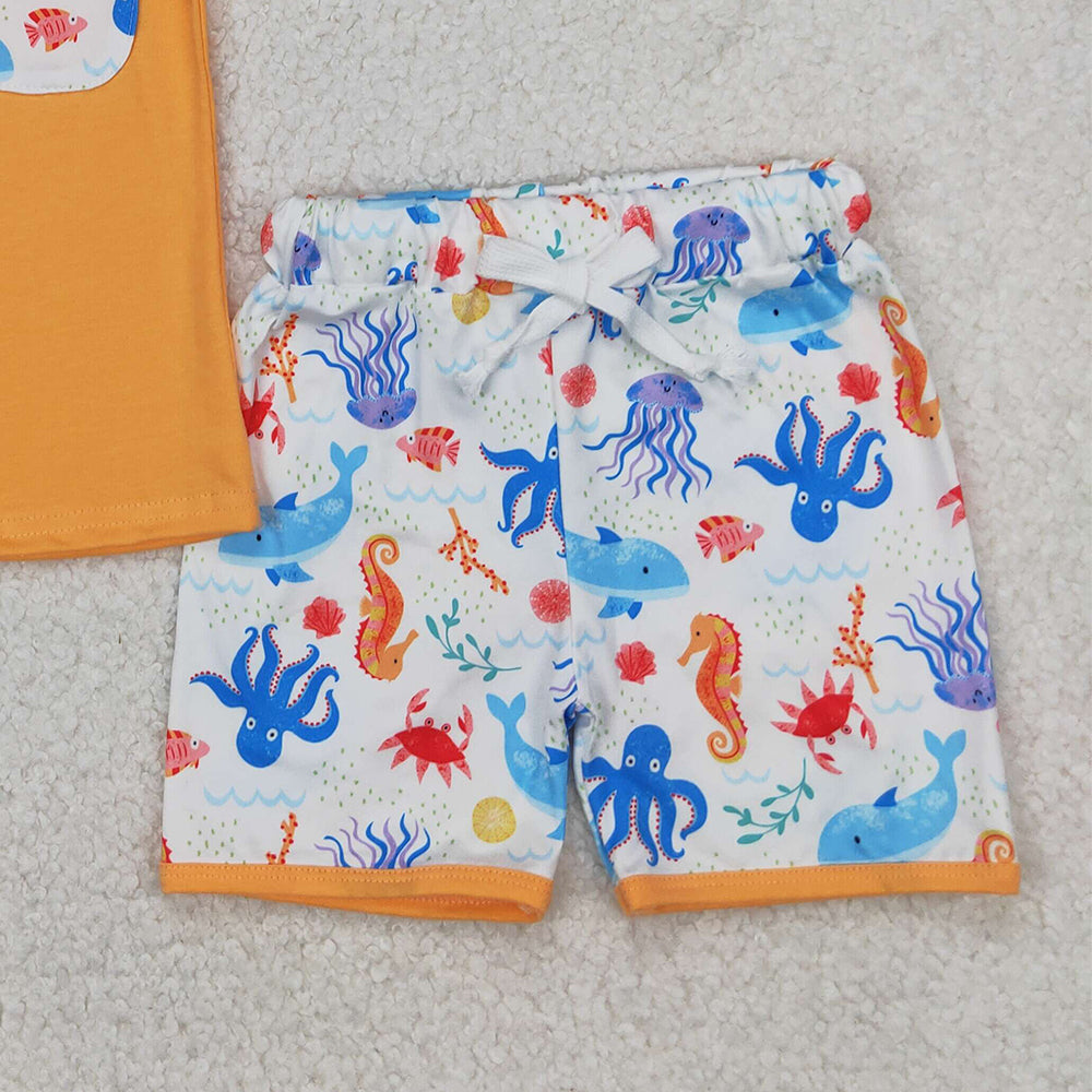 4.17 BSSO1299 RTS NO MOQ Baby Boys Orange Short Sleeves Pocket Top Sea World Short Set