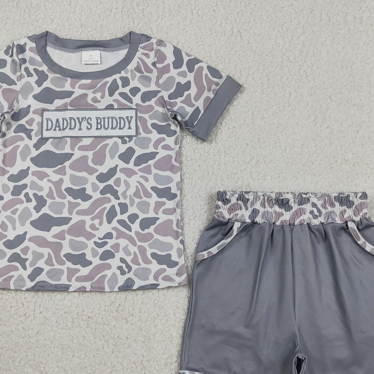 BSSO1838 RTS NO MOQ （In stock ）Grey camo daddy's buddy top shorts boys clothing set