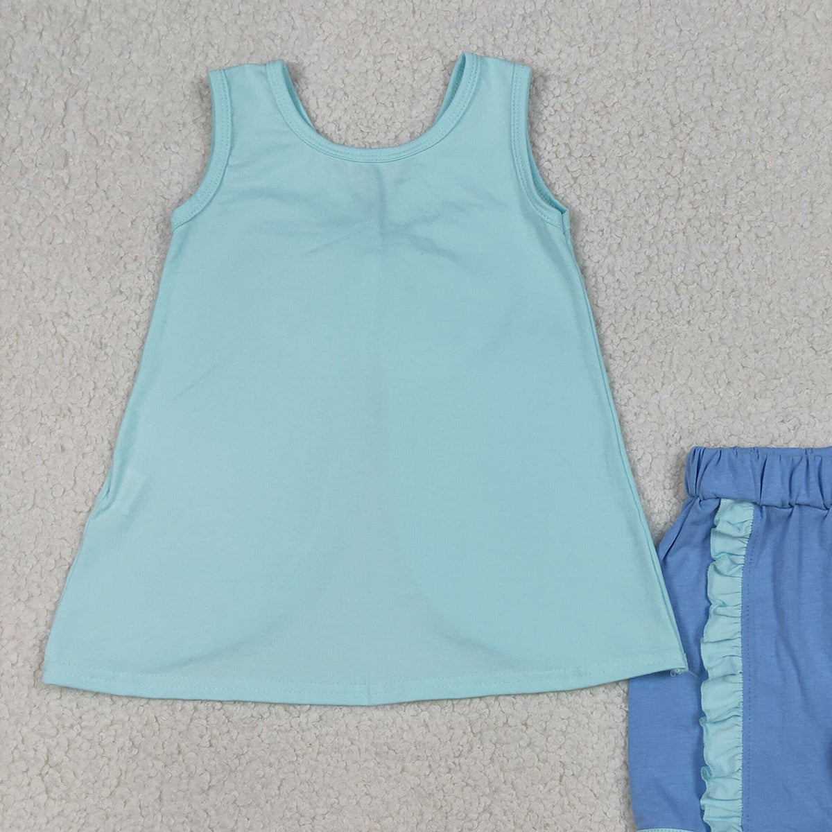 4.1 RTS NO MOQ （In stock）GSSO3463 Sleeveless bow tunic blue shorts girls summer outfits