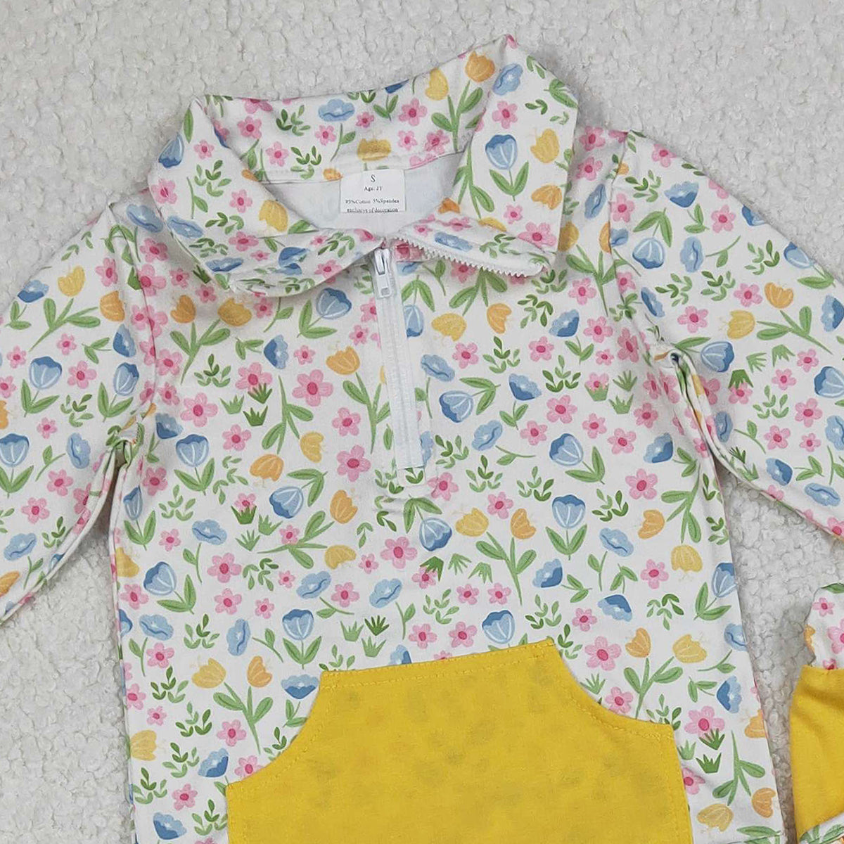 1.15 RTS NO MOQ （In stock）GLP3280 Baby Girls Colorful Flowers Zip Pocket Pullovers Jogger Pants Clothes Sets